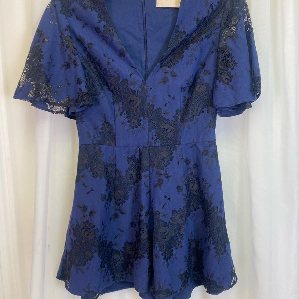 KEEPSAKE the Label Navy Black Lace V-Neck Romper | Fit & Flare | Cocktail Party